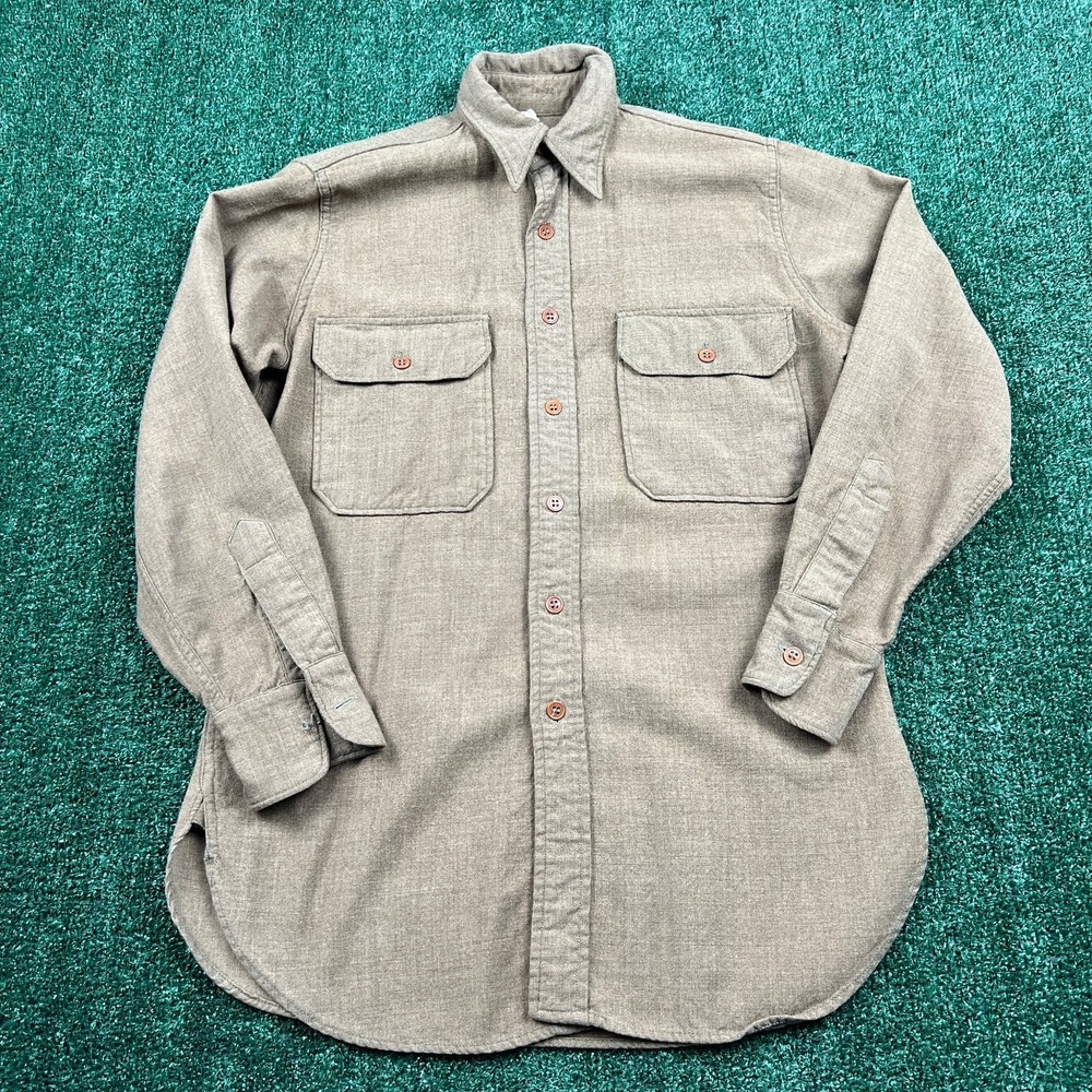 Vintage Men's Casual Button-Up Shirt Medium‎ Brown Green Wool B22 WW2 Military